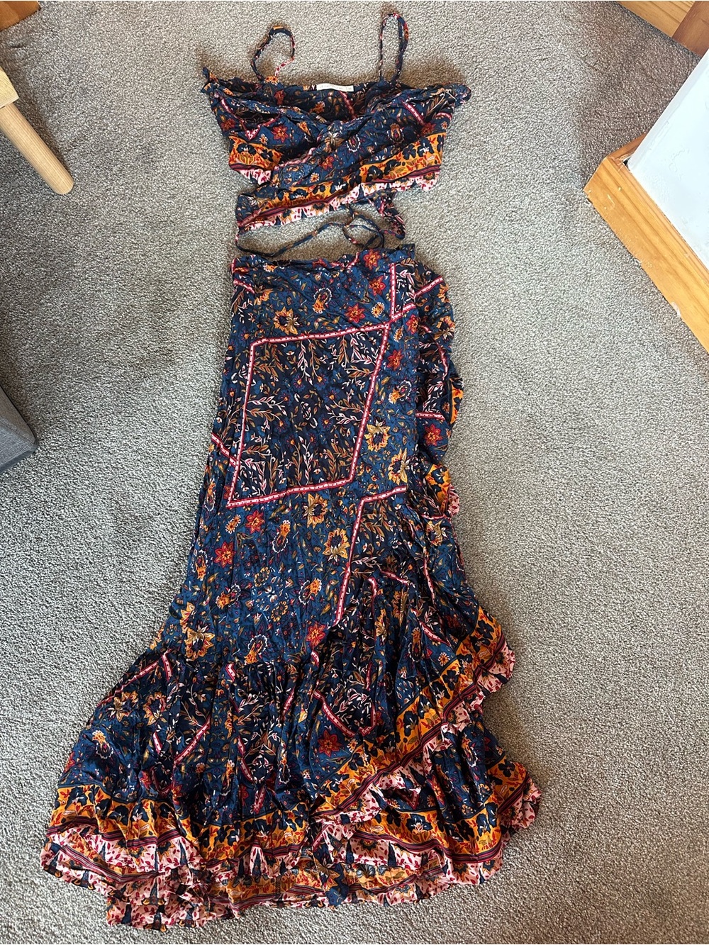 Le Salty Label Navy Floral Maxi Skirt and Top Tie on Set with Ruffle Hem